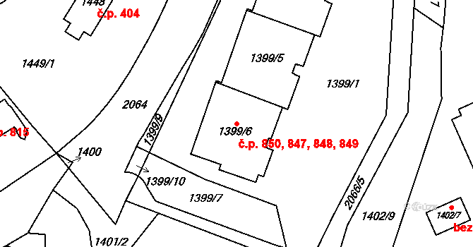 Vysočany 847,848,849,850, Praha na parcele st. 1399/6 v KÚ Vysočany, Katastrální mapa