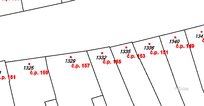Těšice 155, Mikulčice na parcele st. 1332 v KÚ Mikulčice, Katastrální mapa