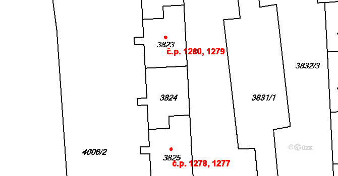 Jirkov 1277,1278 na parcele st. 3824 v KÚ Jirkov, Katastrální mapa