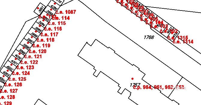 Kuřim 951,952,953,954 na parcele st. 1757 v KÚ Kuřim, Katastrální mapa