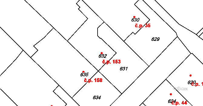 Sentice 153 na parcele st. 632 v KÚ Sentice, Katastrální mapa