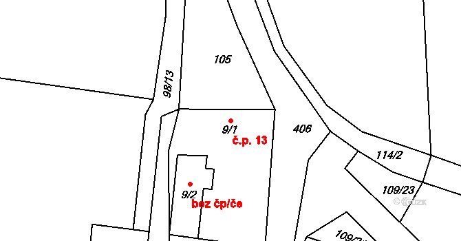 Horní Miletín 13, Lišov na parcele st. 9/1 v KÚ Horní Miletín, Katastrální mapa