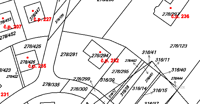 Březina 252 na parcele st. 278/294 v KÚ Proseč u Březiny, Katastrální mapa