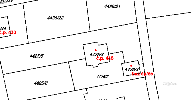 Lískovec 445, Frýdek-Místek na parcele st. 4425/8 v KÚ Lískovec u Frýdku-Místku, Katastrální mapa