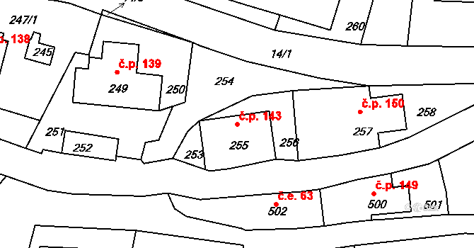Dolní Chřibská 143, Chřibská na parcele st. 255 v KÚ Dolní Chřibská, Katastrální mapa