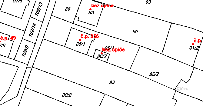 Bučovice 39704149 na parcele st. 86/2 v KÚ Vícemilice, Katastrální mapa
