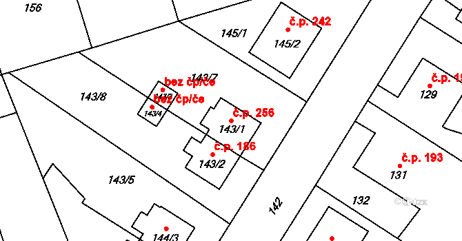 Chlebičov 256 na parcele st. 143/1 v KÚ Chlebičov, Katastrální mapa