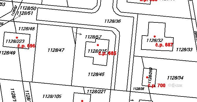 Tuchlovice 685 na parcele st. 1128/215 v KÚ Tuchlovice, Katastrální mapa