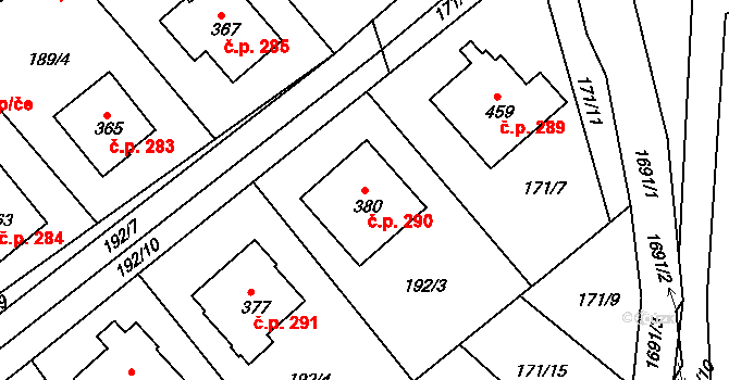 Rosice 290 na parcele st. 380 v KÚ Rosice u Chrasti, Katastrální mapa