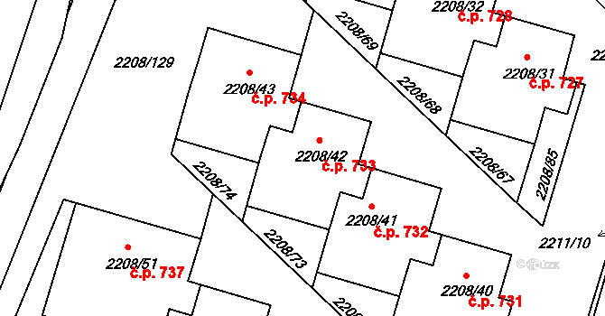 Veselí nad Lužnicí II 733, Veselí nad Lužnicí na parcele st. 2208/42 v KÚ Veselí nad Lužnicí, Katastrální mapa