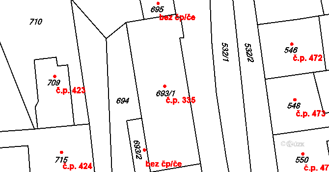 Rájec 335, Rájec-Jestřebí na parcele st. 693/1 v KÚ Rájec nad Svitavou, Katastrální mapa