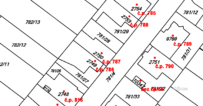 Bílé Předměstí 787, Pardubice na parcele st. 2750 v KÚ Pardubice, Katastrální mapa