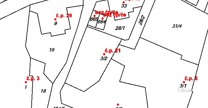 Husinec 21 na parcele st. 3/2 v KÚ Husinec u Řeže, Katastrální mapa