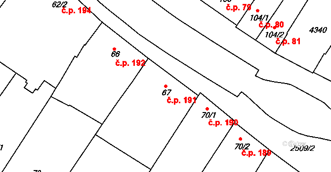 Kyjov 191 na parcele st. 67 v KÚ Kyjov, Katastrální mapa
