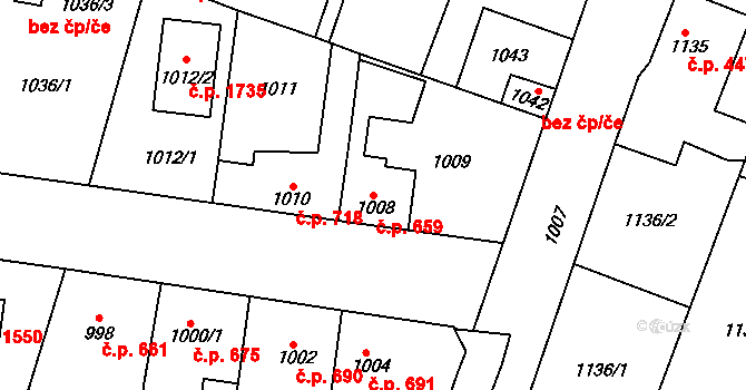 Švermov 659, Kladno na parcele st. 1008 v KÚ Motyčín, Katastrální mapa