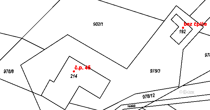 Štěpanická Lhota 45, Benecko na parcele st. 214 v KÚ Horní Štěpanice, Katastrální mapa