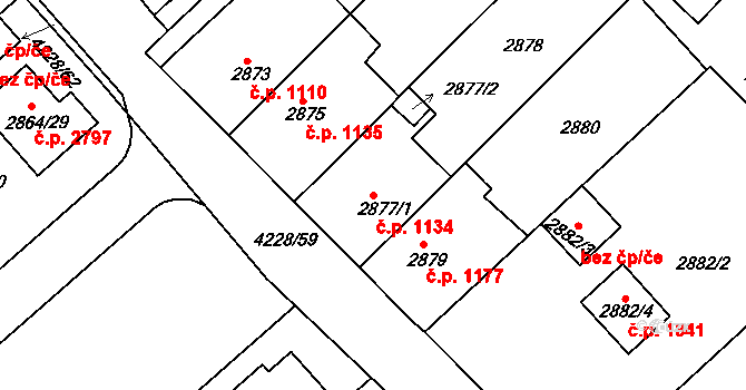 Roudnice nad Labem 1134 na parcele st. 2877/1 v KÚ Roudnice nad Labem, Katastrální mapa