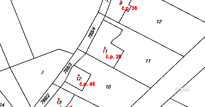 Lhota 26, Chuchelna na parcele st. 11 v KÚ Lhota Komárov, Katastrální mapa