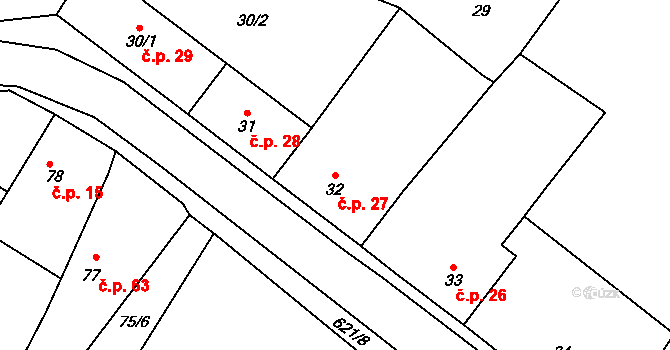 Milíčeves 27, Slatiny na parcele st. 32 v KÚ Milíčeves, Katastrální mapa