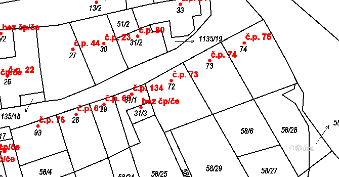 Radovesice 73 na parcele st. 72 v KÚ Radovesice u Libochovic, Katastrální mapa