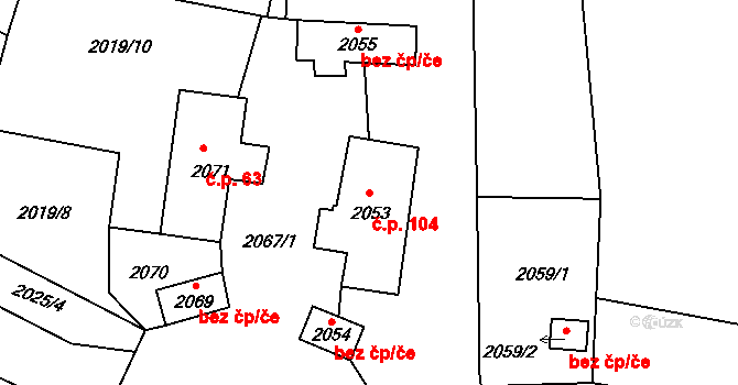 Jablůnka 104 na parcele st. 2053 v KÚ Jablůnka, Katastrální mapa