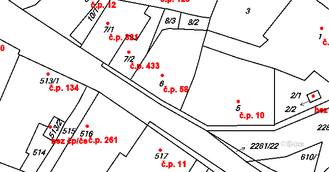 Suchdol nad Lužnicí 58 na parcele st. 6 v KÚ Suchdol nad Lužnicí, Katastrální mapa