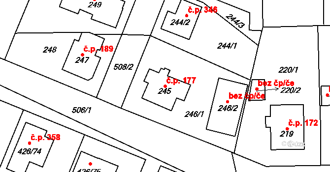 Třeboradice 177, Praha na parcele st. 245 v KÚ Třeboradice, Katastrální mapa