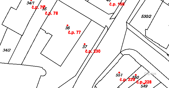 Chomutov 230 na parcele st. 37 v KÚ Chomutov I, Katastrální mapa
