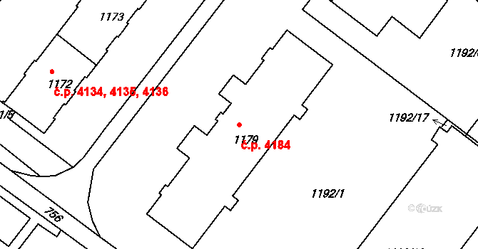 Chomutov 4184 na parcele st. 1179 v KÚ Chomutov II, Katastrální mapa