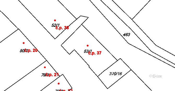 Odrovice 37 na parcele st. 53/1 v KÚ Odrovice, Katastrální mapa