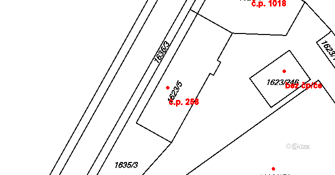 Dubí 258, Kladno na parcele st. 1623/5 v KÚ Dubí u Kladna, Katastrální mapa