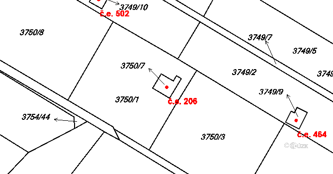 Roudnice nad Labem 206 na parcele st. 3750/7 v KÚ Roudnice nad Labem, Katastrální mapa