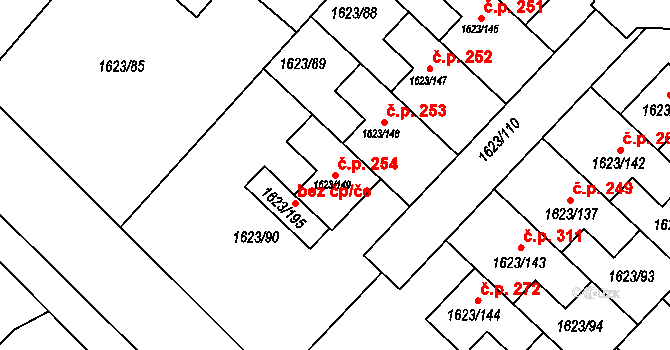 Popůvky 254 na parcele st. 1623/149 v KÚ Popůvky u Brna, Katastrální mapa