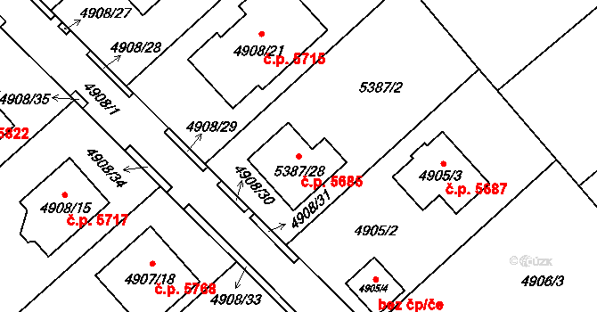 Chomutov 5685 na parcele st. 5387/28 v KÚ Chomutov I, Katastrální mapa