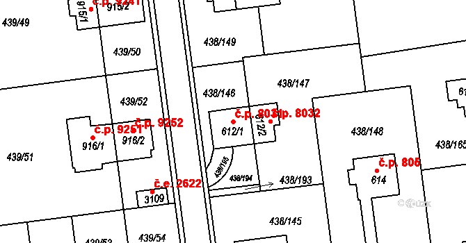 Otrokovice 8031 na parcele st. 612/1 v KÚ Otrokovice, Katastrální mapa