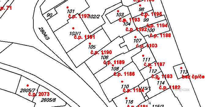 Velké Meziříčí 1189 na parcele st. 106 v KÚ Velké Meziříčí, Katastrální mapa