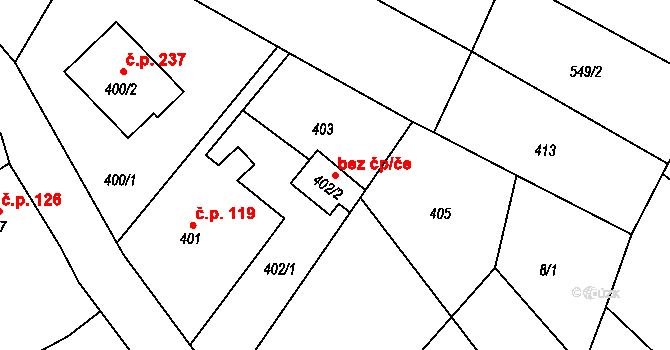Chlebičov 38080150 na parcele st. 402/2 v KÚ Chlebičov, Katastrální mapa
