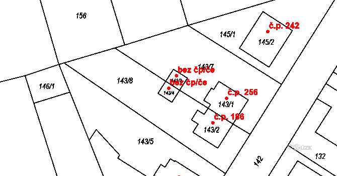 Chlebičov 43090150 na parcele st. 143/4 v KÚ Chlebičov, Katastrální mapa