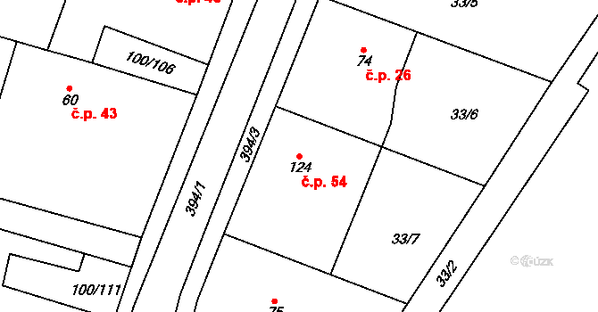 Třibřichy 54 na parcele st. 124 v KÚ Třibřichy, Katastrální mapa