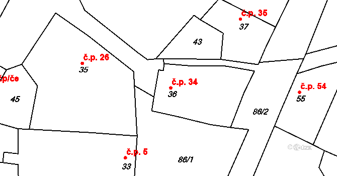 Korycany 34, Neratovice na parcele st. 36 v KÚ Korycany, Katastrální mapa