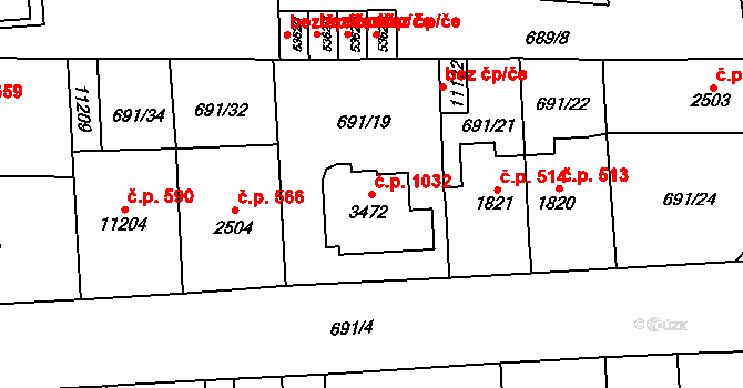 Bílé Předměstí 1032, Pardubice na parcele st. 3472 v KÚ Pardubice, Katastrální mapa