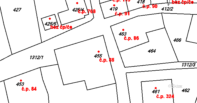 Velké Opatovice 85 na parcele st. 455 v KÚ Velké Opatovice, Katastrální mapa