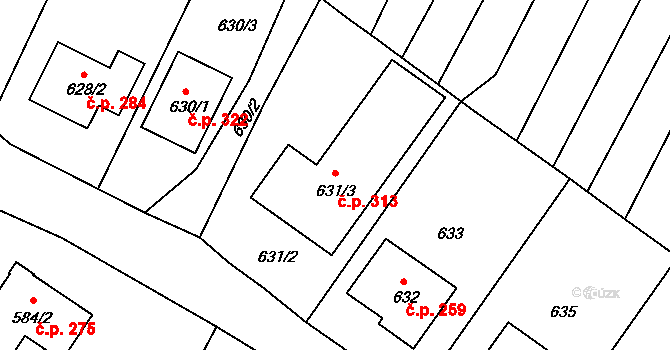 Lhota 313 na parcele st. 631/3 v KÚ Lhota u Zlína, Katastrální mapa