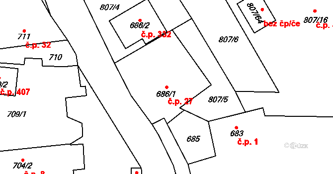 Senec 27, Zruč-Senec na parcele st. 686/1 v KÚ Senec u Plzně, Katastrální mapa