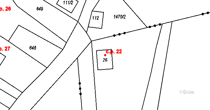 Zderadinky 22, Kácov na parcele st. 26 v KÚ Zderadinky, Katastrální mapa