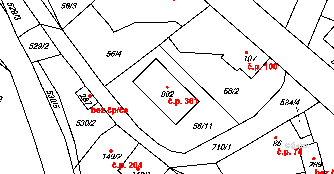 Trnová 361 na parcele st. 802 v KÚ Trnová u Plzně, Katastrální mapa