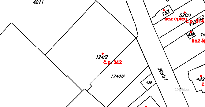 Libouchec 342 na parcele st. 124/2 v KÚ Libouchec, Katastrální mapa