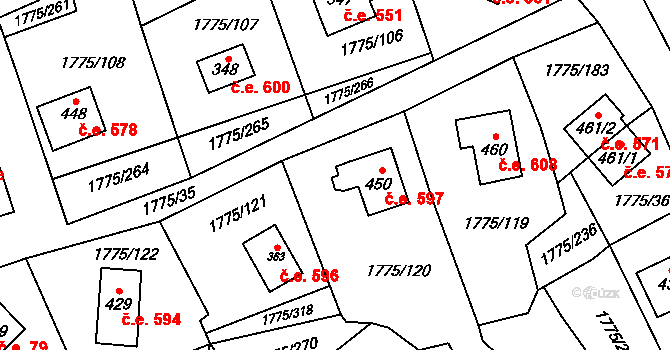 Růžová 597 na parcele st. 450 v KÚ Růžová, Katastrální mapa