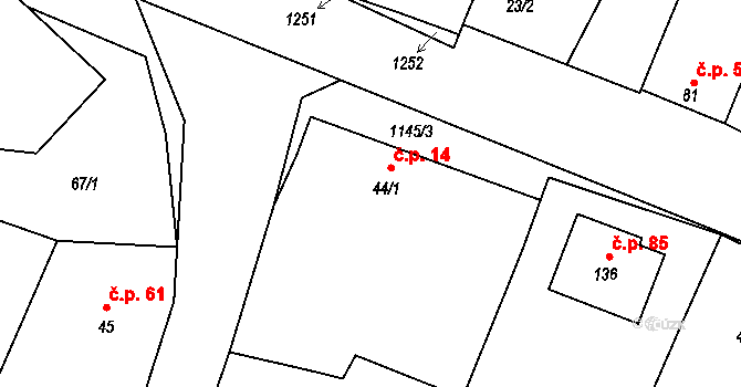 Bařice 14, Bařice-Velké Těšany na parcele st. 44/1 v KÚ Bařice, Katastrální mapa