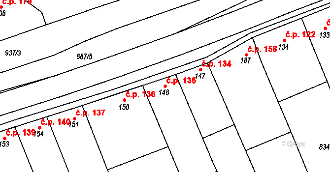 Jestřabice 135, Koryčany na parcele st. 148 v KÚ Jestřabice, Katastrální mapa
